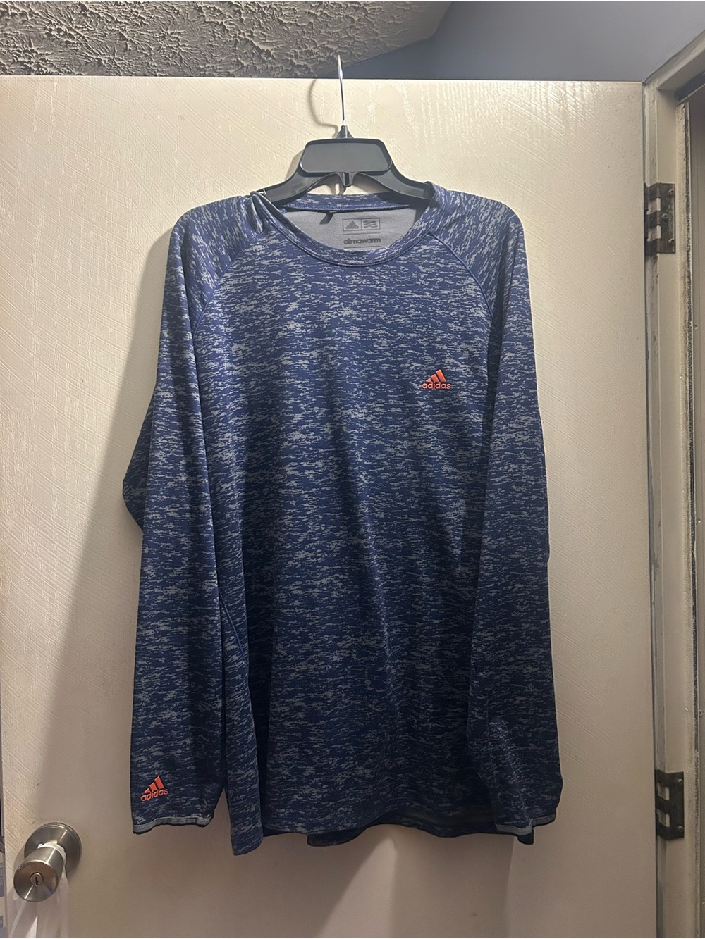 adidas Men's Heathered Navy Blue Long-Sleeve Performance Shirt with Orange Logo
